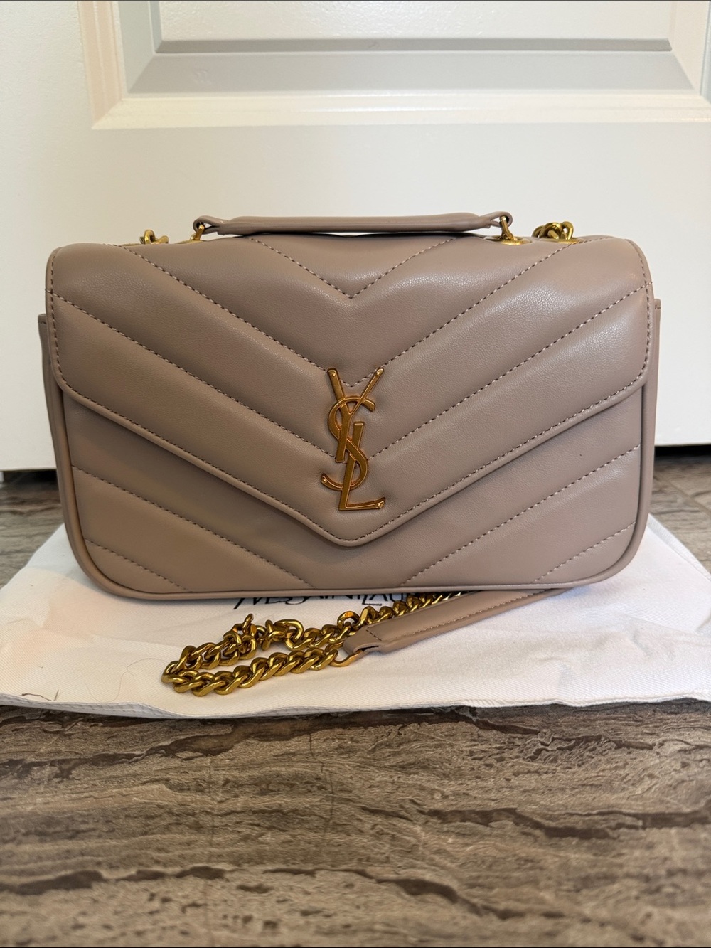 Designer inspired by Taupe Quilted Leather Crossbody Bag with Gold Logo